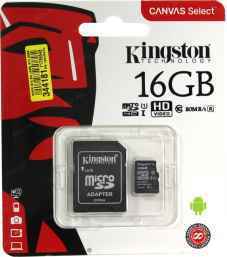 Карта памяти Kingston microSD 16Gb + microSD--SD Adapter